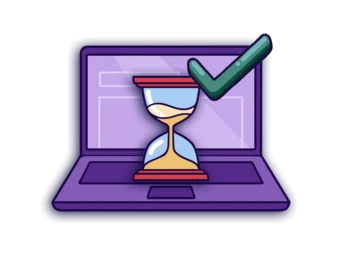 A laptop screen displays an hourglass icon with a checkmark, indicating a completed process or task.