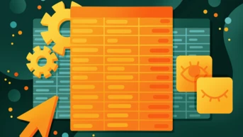 Ein lebendiges Grafikdesign mit einer großen orangefarbenen Tabelle, die Zeilen und Spalten zeigt, begleitet von gelben Zahnrädern, einem Pfeil-Cursor und zwei Symbolen, die Augen und ein Smiley darstellen, vor einem dunkelgrünen Hintergrund.