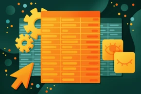 A vibrant graphic featuring a large orange spreadsheet with rows and columns, accompanied by yellow gears, an arrow cursor, and two icons resembling eyes and a smiley face, set against a dark green background.