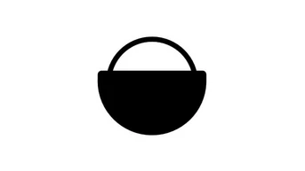 A simple black silhouette of a round basket with a handle.