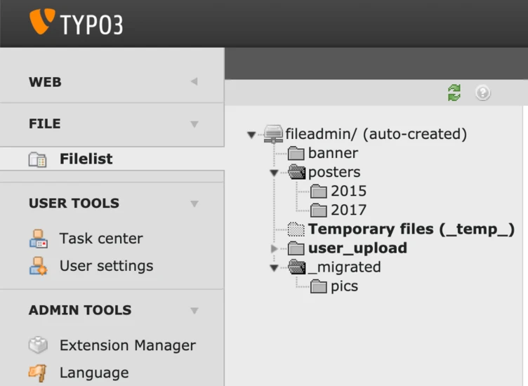 TYPO3 file management interface displaying a directory structure. Main sections include "WEB," "FILE," "USER TOOLS," and "ADMIN TOOLS," with folders for file uploads, posters, and temporary files.
