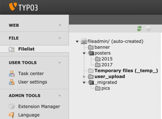 TYPO3 file management interface displaying a directory structure. Main sections include "WEB," "FILE," "USER TOOLS," and "ADMIN TOOLS," with folders for file uploads, posters, and temporary files.