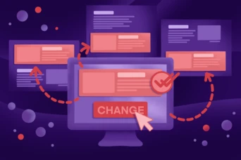 A computer monitor displays a prominent "CHANGE" button, surrounded by floating interface elements and checkmarks, suggesting a theme of digital transformation or user interface updates.
