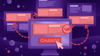 A computer monitor displays a prominent "CHANGE" button, surrounded by floating interface elements and checkmarks, suggesting a theme of digital transformation or user interface updates.