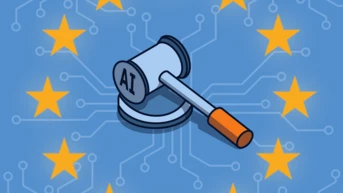Gavel labeled "AI" on a circuit-patterned background with yellow stars, symbolizing regulation or legislation related to artificial intelligence in the EU.
