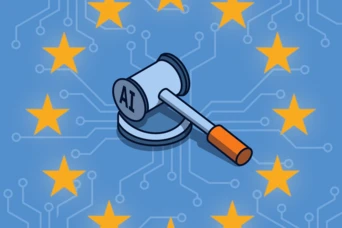 Gavel labeled "AI" on a circuit-patterned background with yellow stars, symbolizing regulation or legislation related to artificial intelligence in the EU.
