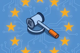 Gavel labeled "AI" on a circuit-patterned background with yellow stars, symbolizing regulation or legislation related to artificial intelligence in the EU.