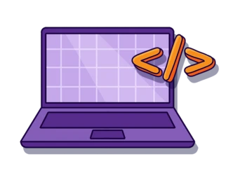 Purple laptop with a grid screen displaying coding symbols "<" and ">".