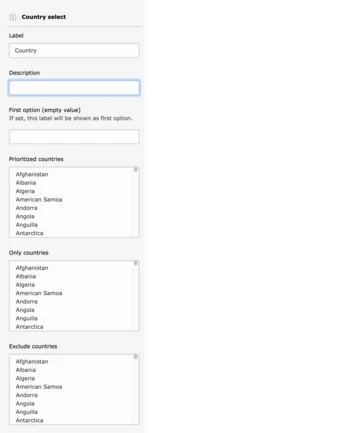 Screenshot showing the configuration options for a Country Select element.