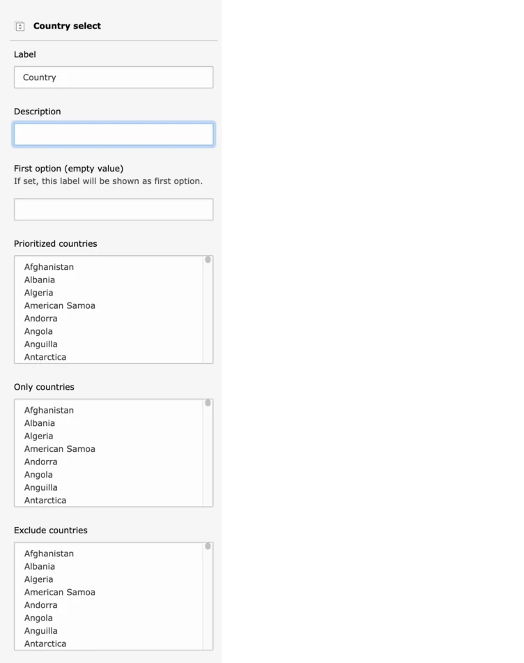 Screenshot showing the configuration options for a Country Select element.