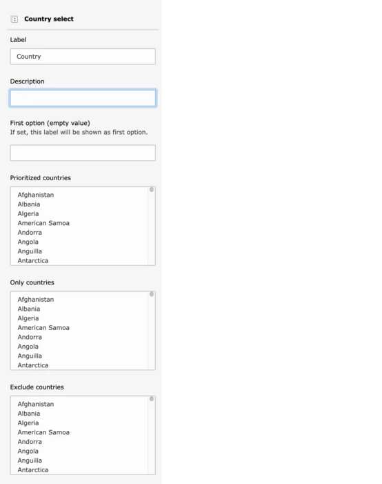 Screenshot showing the configuration options for a Country Select element.