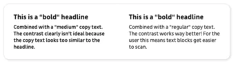 Two side-by-side text blocks featuring bold headlines and varying styles of accompanying text. The left block uses medium text, while the right block uses regular text, highlighting differences in contrast and readability.