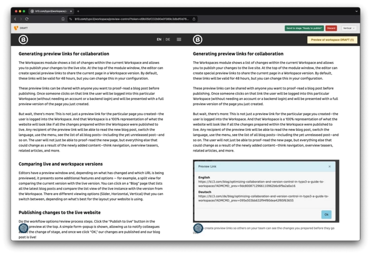 Screenshot of a website comparing the current live version to a changed/edited preview version.