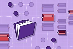 A purple folder is centrally placed, surrounded by red and blue rectangular elements connected by lines on a grid background.