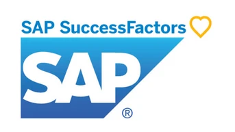 SAP SuccessFactors logo featuring the SAP name in bold white letters against a blue background, accompanied by a heart symbol.