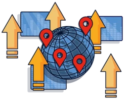A stylized globe with red location markers is surrounded by upward-pointing arrows and abstract graphs, symbolizing growth and global connectivity.