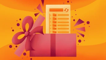 A pink gift box with a large bow contains a document featuring a list, set against an orange background with decorative elements like confetti and shapes.