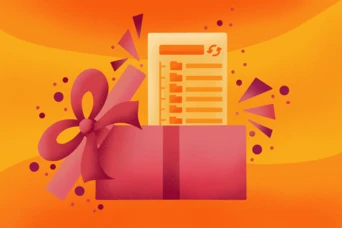 Eine rosa Geschenkbox mit einer großen Schleife enthält ein Dokument mit einer Liste, vor einem orangefarbenen Hintergrund, der mit dekorativen Elementen wie Konfetti und Formen geschmückt ist.