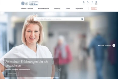 A healthcare professional in a white coat smiles at the camera, standing in a hospital environment. Text in the foreground mentions personal growth through experiences, attributed to Lena Eberle, a health and nursing care professional.