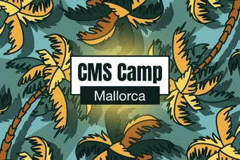 Tropische Palmenblätter mit dem Text 'CMS Camp Mallorca', der prominent in der Mitte angezeigt wird.