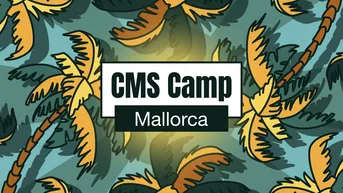 Tropische Palmenblätter mit dem Text 'CMS Camp Mallorca', der prominent in der Mitte angezeigt wird.