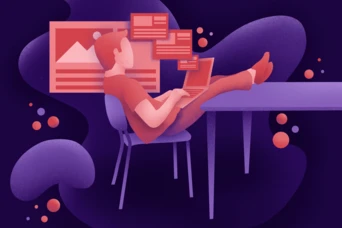 A person sits at a table with their feet up, using a laptop. Floating chat bubbles and a graphic of a landscape are visible in the background, suggesting online communication and digital content creation.