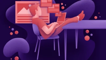 A person sits at a table with their feet up, using a laptop. Floating chat bubbles and a graphic of a landscape are visible in the background, suggesting online communication and digital content creation.