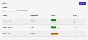 Author records with their VG Wort card numbers, two verified against VG Wort and one still unverified.