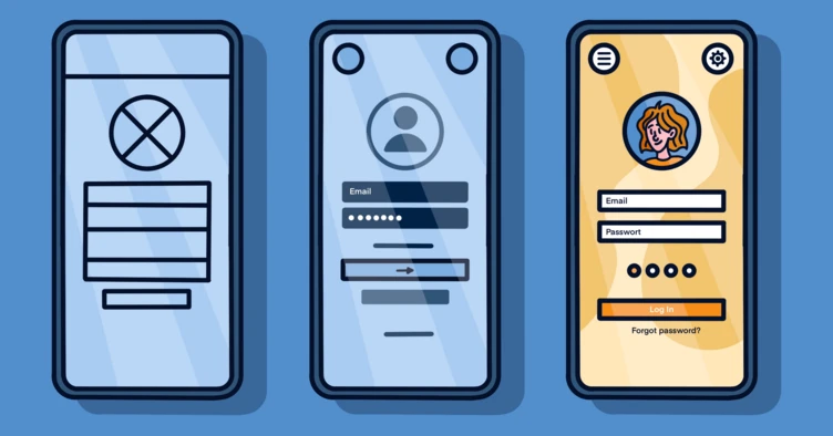 Three smartphone screens displaying different app interfaces: the left screen shows an error symbol, the middle screen features a login form with fields for email and password, and the right screen includes a user profile with login options.