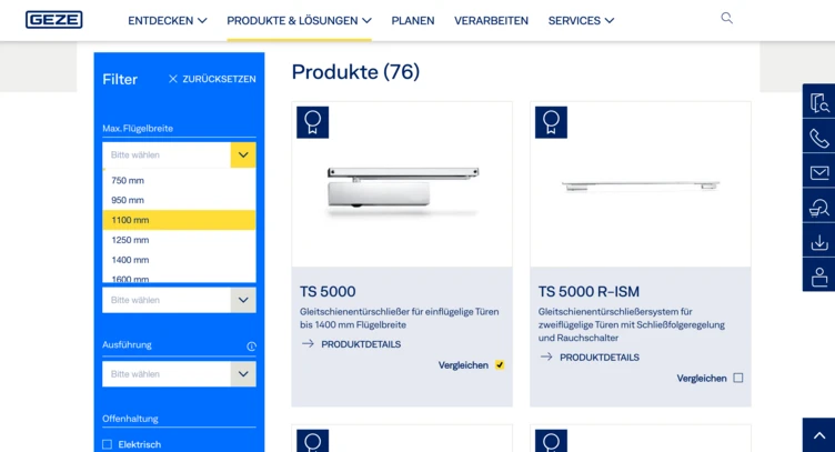 Produktwahloberfläche mit Filtern für die maximale Türbreite und zwei Produktoptionen: TS 5000 und TS 5000 R-ISM.