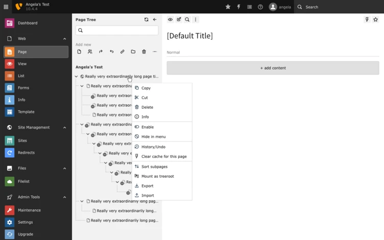 A user interface displaying a page tree with various options for managing content, including "Copy," "Cut," "Delete," and "Export." The main section shows a title labeled "[Default Title]" and a prompt to add content.