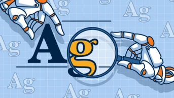 Zwei Roboterarme sind um eine Lupe positioniert und konzentrieren sich auf den Buchstaben "g" in einer stilisierten Schriftart. Der Hintergrund zeigt ein Gittermuster mit wiederholten "Ag"-Symbolen.