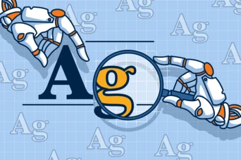Two robotic arms are positioned around a magnifying glass, focusing on the letter "g" in a stylized font. The background features a grid pattern with repeated "Ag" symbols.