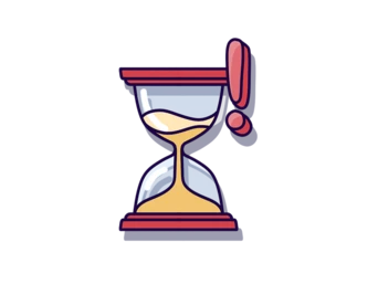 An hourglass with sand flowing, featuring a red top and a warning symbol on the side.