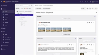 User interface displaying a "Camino Route Comparison" section with layout options, content areas, and sidebar elements for editing.