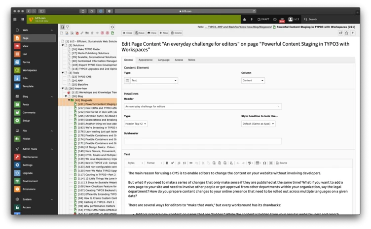 Editing interface for a content management system, displaying options for page content, including fields for headlines, subtitles, and text. The main focus is on editing content related to TYPO3 and its features for editors.