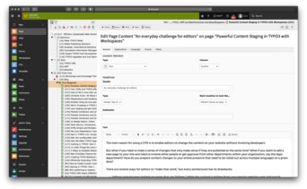 Editing interface for a content management system, displaying options for page content, including fields for headlines, subtitles, and text. The main focus is on editing content related to TYPO3 and its features for editors.