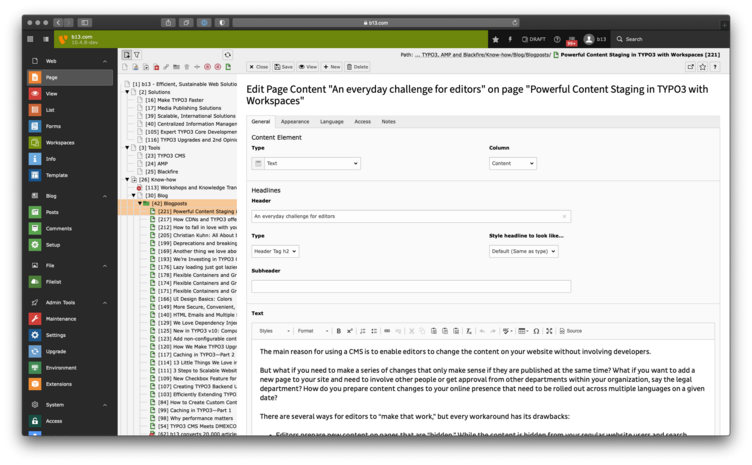 Editing interface for a content management system, displaying options for page content, including fields for headlines, subtitles, and text. The main focus is on editing content related to TYPO3 and its features for editors.
