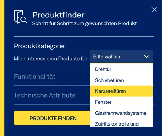 Produktfinder-Oberfläche, die Kategorien und Optionen zur Auswahl von Produkten anzeigt, einschließlich "Karusselltüren" und anderen.