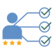 Graphic depicting a user profile with three checkmarks and three stars below, symbolizing ratings or feedback.