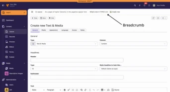 Dashboard interface for creating new text and media, featuring sections for general settings, headlines, and a breadcrumb navigation.