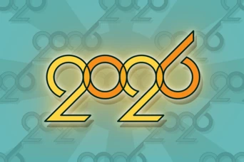 Stylized text displaying the year "2026" with a colorful design, set against a light blue background featuring repeated numbers.