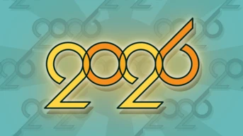 Stilisierter Text, der das Jahr „2026“ mit einem bunten Design zeigt, vor einem hellblauen Hintergrund mit wiederholten Zahlen.