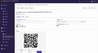 QR code displayed on a digital interface, with fields for source domain, target URL, and creation details.