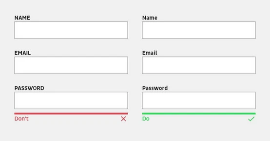 Form fields for user registration, including sections for name, email, and password. The password field indicates validation status with a red "Don't" and a green "Do" next to the respective fields.
