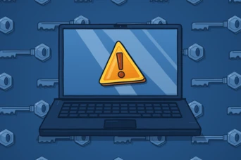 Ein Laptop zeigt ein gelbes Warnsymbol mit einem Ausrufezeichen an, vor einem Hintergrund aus Tasten.