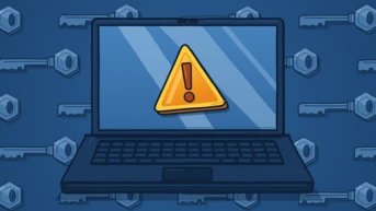 Ein Laptop zeigt ein gelbes Warnsymbol mit einem Ausrufezeichen an, vor einem Hintergrund aus Tasten.