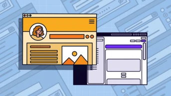 Two stylized web page designs featuring a user profile, image placeholders, and text sections, set against a light blue background.