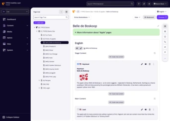 Benutzeroberfläche eines Content-Management-Systems, die eine Seite mit dem Titel "Belle de Boskoop" anzeigt, mit Bereichen für Bühneninhalte und Hauptinhalte.