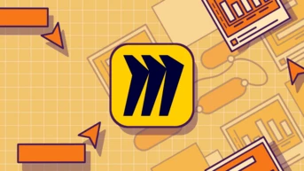 A yellow square featuring a stylized black logo with three diagonal lines, surrounded by orange arrows and various documents with graphs, set against a grid background.
